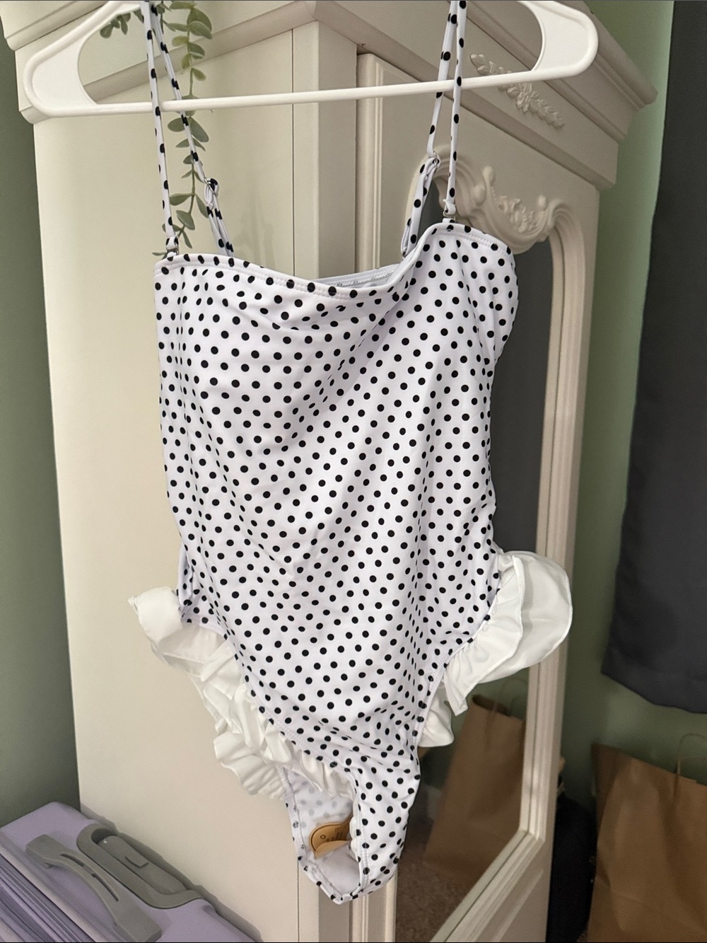 White One-Piece Polka Dot Swimsuit with Ruffle Trim